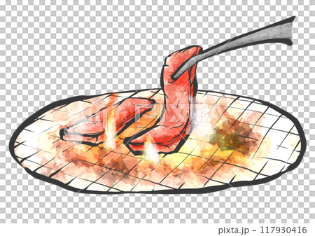 用鉗子烤肉的手寫畫筆繪畫風格插圖 117930416