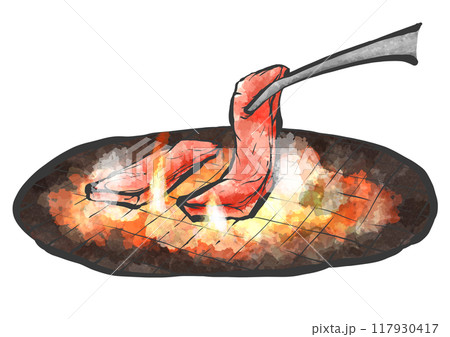 トングで焼肉の手書き筆絵風イラスト 117930417