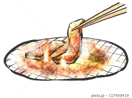 箸で焼肉の手書き筆絵風イラスト 117930419