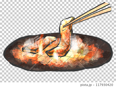 Hand-drawn brush-style illustration of grilled meat with chopsticks 117930420