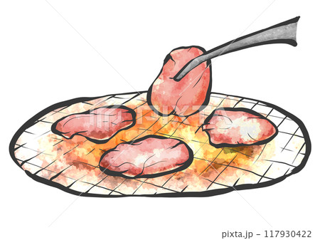 トングで焼肉の手書き筆絵風イラスト 117930422
