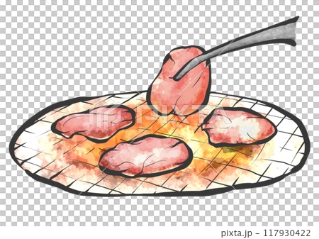 Hand-drawn illustration of grilled meat with tongs 117930422