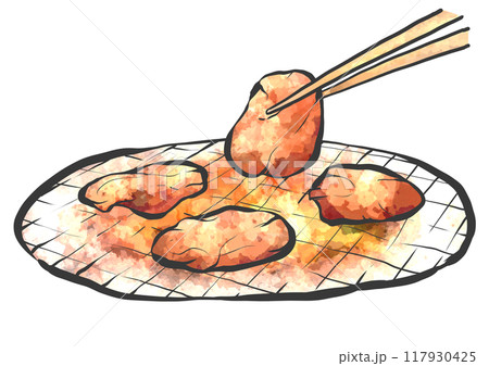 箸で焼肉の手書き筆絵風イラスト 箸で焼肉の手書き筆絵風イラスト 117930425