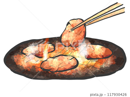 箸で焼肉の手書き筆絵風イラスト 117930426
