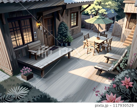 ウッドデッキのあるテラス 117930529