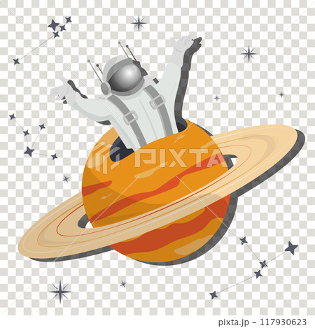 An astronaut in a spacesuit appears from a planet with rings flat childrens doodles on a transparent isolated background An astronaut in a spacesuit appears from a planet with rings flat childrens doodles on a transparent isolated background 117930623