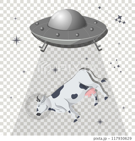 UFO kidnaps Pet Cow Flat childrens doodles on transparent isolated background UFO kidnaps Pet Cow Flat childrens doodles on transparent isolated background 117930629