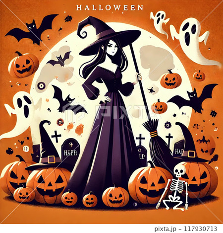 ハロウィン/魔女/カボチャランタン/スケルトン/コウモリ/ゴースト 117930713