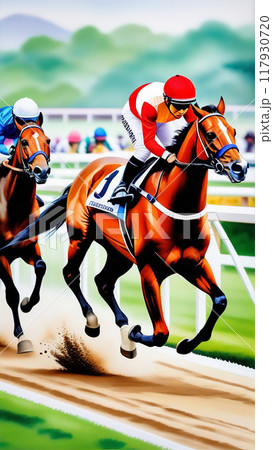 競馬場の雰囲気を水彩風で魅力的に表現【AI生成画像】 117930720