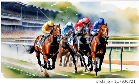 競馬場の雰囲気を水彩風で魅力的に表現【AI生成画像】 117930721