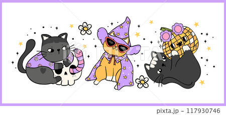 Groovy Halloween Cat Happy Retro Cartoon character Lined Doodle banner Groovy Halloween Cat Happy Retro Cartoon character Lined Doodle banner 117930746