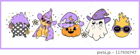 Groovy Halloween Happy Retro Cartoon character Lined Doodle banner Groovy Halloween Happy Retro Cartoon character Lined Doodle banner 117930747