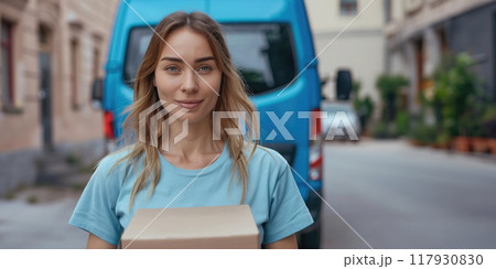 Young woman with cardboard box in the city. 117930830