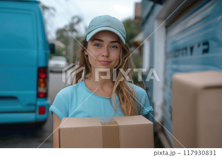 Young woman with cardboard box in the city. Young woman with cardboard box in the city. 117930831