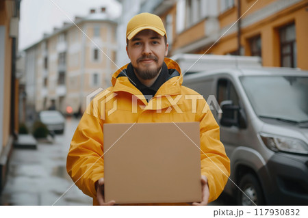 Portrait of a delivery man with cardboard box in the city 117930832