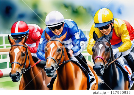 競馬場の雰囲気を水彩風で魅力的に表現【AI生成画像】 競馬場の雰囲気を水彩風で魅力的に表現【AI生成画像】 117930933