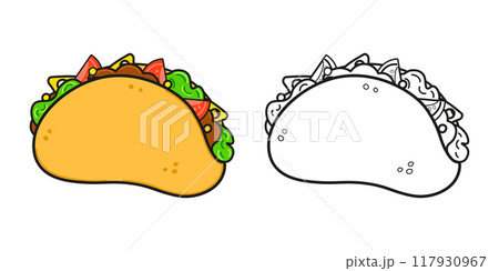 Funny cute happy Taco characters bundle set. Vector hand drawn cartoon kawaii character illustration icon. Cute Taco. Outline cartoon illustration for coloring book Funny cute happy Taco characters bundle set. Vector hand drawn cartoon kawaii character illustration icon. Cute Taco. Outline cartoon illustration for coloring book 117930967