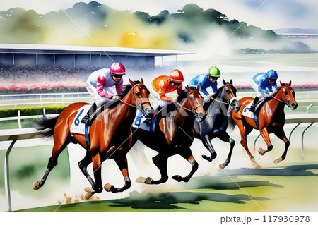 競馬場の雰囲気を水彩風で魅力的に表現【AI生成画像】 117930978