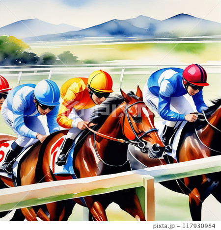 競馬場の雰囲気を水彩風で魅力的に表現【AI生成画像】 117930984