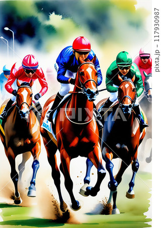 競馬場の雰囲気を水彩風で魅力的に表現【AI生成画像】 117930987