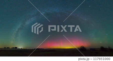 The Milky Way panorama with Northern lights - Aurora borealis The Milky Way panorama with Northern lights - Aurora borealis 117931000