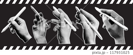 Vector collage set of halftone hands holding pencil. Retro elements in halftone style. 117931025