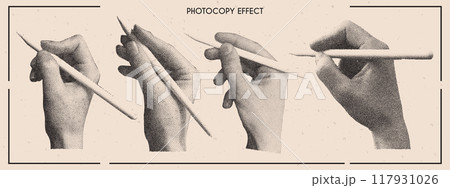 Vector collage set of photocopy hands holding pencil. Retro dots stipple effect. 117931026
