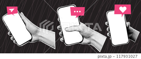 Set of halftone hands with phone and speech bubbles. Trendy collage elements in retro pop art style. 117931027