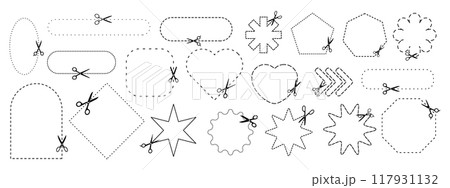 Set of cutout shapes with scissors icons. Cut here symbols 117931132
