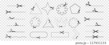 Collection of scissors with cut lines and geometric shapes. Vector design elements Collection of scissors with cut lines and geometric shapes. Vector design elements 117931133