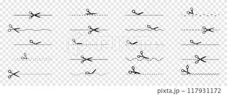 Collection of scissors cut dashed, zigzag, wavy and straight lines. Vector Icons 117931172