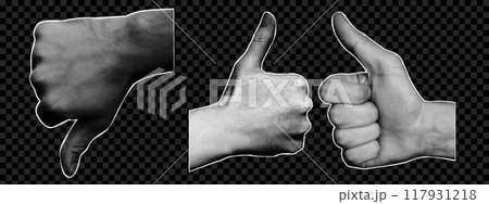Collage halftone human hands. Thumbs up and down. Vector elements in dotted pop art style. 117931218