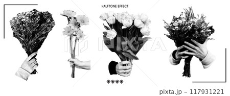 Trendy set of human hands with bouquet of flowers. Vintage halftone effect. Vector dots texture. 117931221