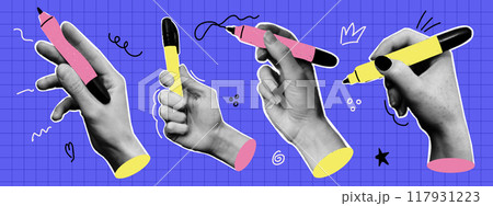 Collage with hands holding marker and doodle shapes. Vintage halftone effect. Pop art paper cut elements Collage with hands holding marker and doodle shapes. Vintage halftone effect. Pop art paper cut elements 117931223