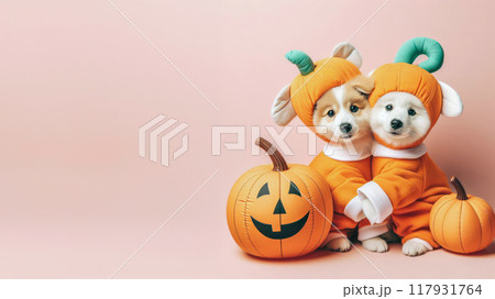 Funny Puppy dog in halloween festival costume on pastel background. Halloween Concept. 117931764