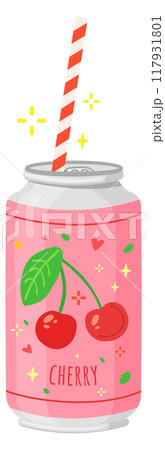 Cherry soda can with straw. Sweet drink icon 117931801