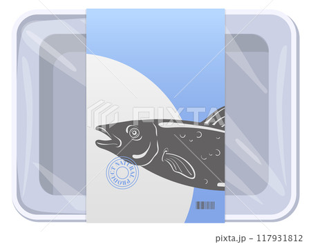 Plastic tray with fish product label. Empty food pack 117931812