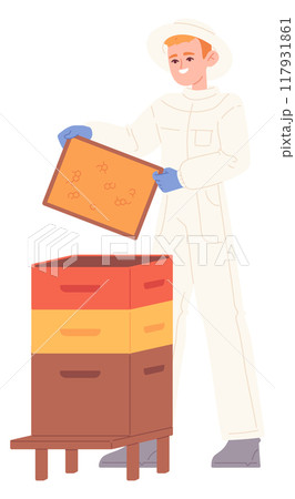 Beekeeper pick honey from beehive. Apiarist color character 117931861