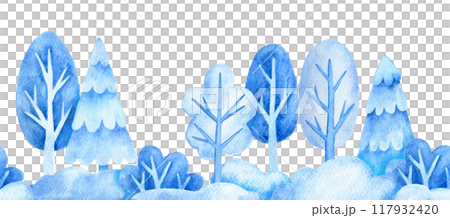 watercolor seamless border with winter trees and fir trees, snowdrifts. Christmas frame, winter, new year. watercolor seamless border with winter trees and fir trees, snowdrifts. Christmas frame, winter, new year. 117932420