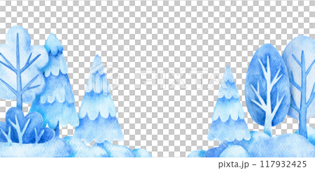 watercolor border with winter trees and fir trees, snowdrifts. Christmas frame, winter, new year. 117932425