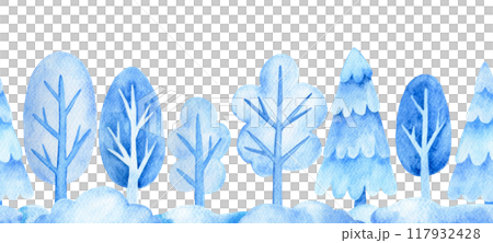watercolor seamless border with winter trees and fir trees, snowdrifts. Christmas frame, winter, new year. 117932428