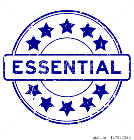 Grunge blue essential word with star icon round rubber seal stamp on white background 117932589