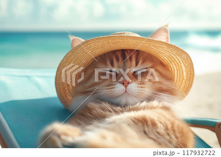 A cat wearing a straw hat is relaxing on a...のイラスト素材 [117932722] - PIXTA
