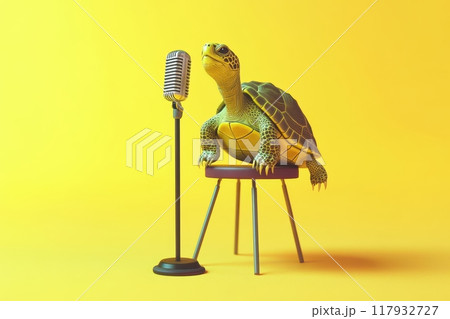 A turtle sits on a chair in front of a microphone with Generative AI A turtle sits on a chair in front of a microphone with Generative AI 117932727