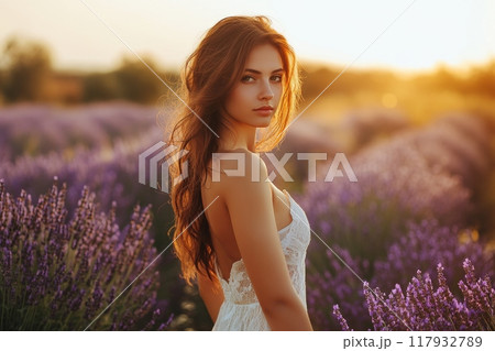 Young woman posing in a lavender field at sunset 117932789