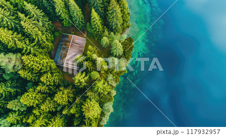 Aerial view of wooden cabin or cottage in green pine forest by the blue lake. 117932957