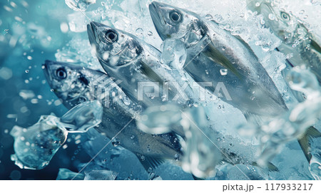 Raw delicious fresh fish on ice, on market store shop. 117933217