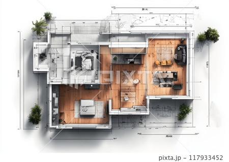 Architectural floor plan drawing showing modern home furnishings 117933452