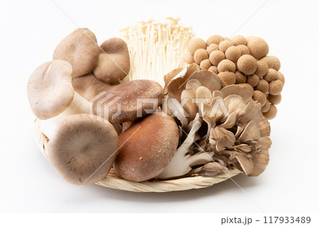 竹ざるに載ったきのこの盛り合わせ 117933489