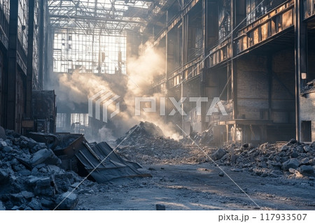 Smoke filling destroyed industrial building after demolition 117933507